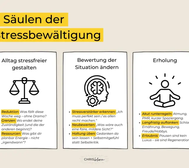 Drei Säulen der Stressbewältigung: Alltag gestalten, Situation bewerten, Erholung. Effektives coping durch Reduktion, Grenzen setzen & Ressourcen nutzen.