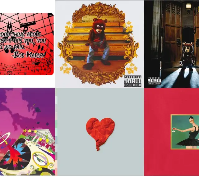 Six pochettes d'album de Kanye West, dont "Late Registration" avec un ours en peluche.
