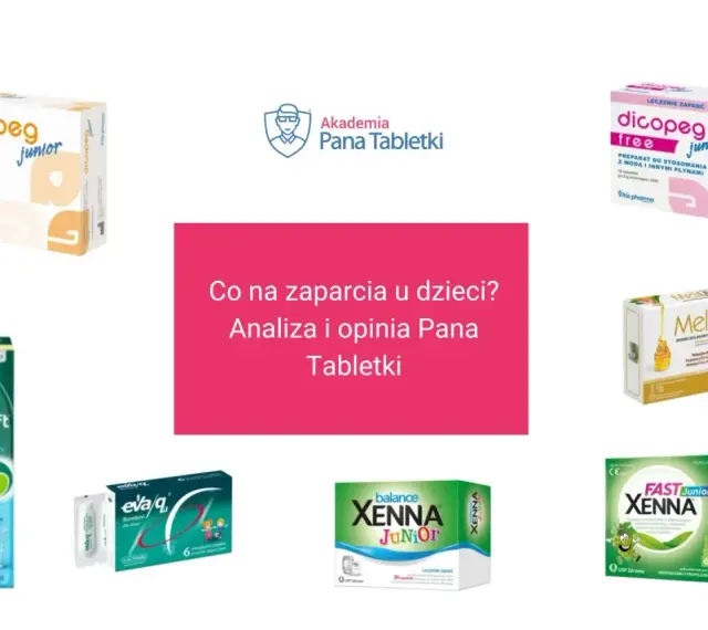 Produkty na zaparcia dla dzieci, w tym Dicopge z makrogolem, DulcoSoft, Eva/q, Melilax, Xenna Junior i Fast Junior.