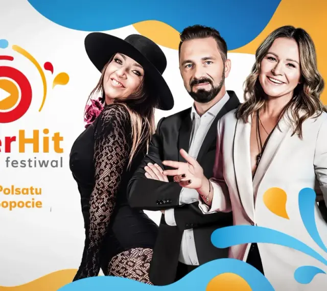 Polsat SuperHit Festiwal: 20 lat festiwali Polsatu w Sopocie. Uśmiechnięci prowadzący i artystka w kapeluszu.