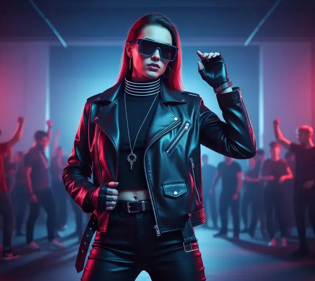 Skórzana ramoneska, okulary i rękawiczki to idealny outfit, jak się ubrać na imprezę techno. Tłum na tle neonów.