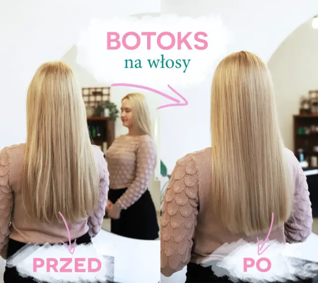 Przed i po zabiegu botoksu na włosy. Włosy po zabiegu są gładkie i lśniące. Efekt utrzymuje się długo.