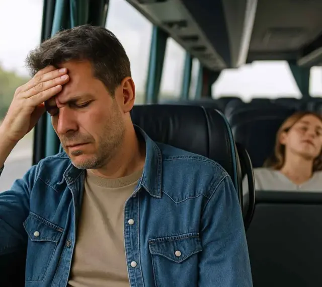 Mężczyzna z ręką na czole w autobusie, cierpiący na chorobę lokomocyjną. Obok śpi młoda kobieta.