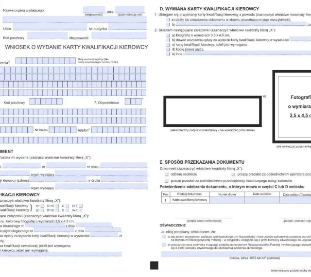 Wniosek o wydanie karty kwalifikacji kierowcy, zawierający dane osobowe, informacje o wydanych dokumentach oraz miejsce na zdjęcie.