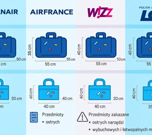 Porównanie wymiarów bagażu podręcznego różnych linii lotniczych: Ryanair, Air France, Wizz Air, LOT. Sprawdź, ile może ważyć bagaż podręczny.