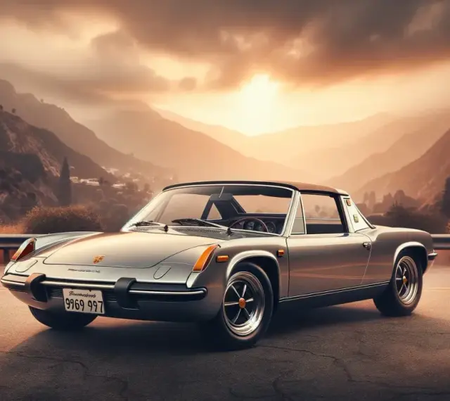 Srebrny Porsche 914 na tle górskiego krajobrazu o zachodzie słońca.