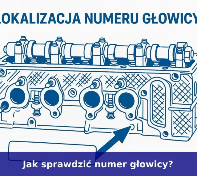 Schematyczny rysunek głowicy silnika z zaznaczonym miejscem, gdzie znajduje się numer silnika. Strzałka wskazuje ten punkt.