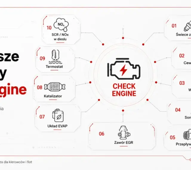 Najczęstsze przyczyny zapalenia się kontrolki check engine: świece, cewki, wtryskiwacze, sonda lambda, przepływomierz MAF, zawór EGR, układ EVAP, katalizator, termostat, SCR/NOx.