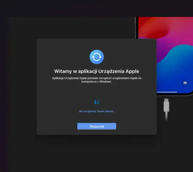 Aplikacja Urządzenia Apple na Windows, gotowa do zarządzania Twoim iPhonem i wykonania backupu.