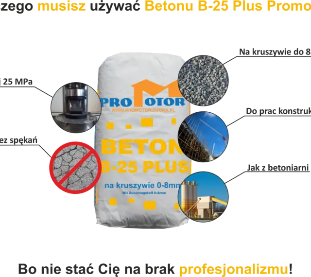 Worek z betonem B-25 Plus Promotor, kruszywo 0-8mm, wytrzymałość >25 MPa, bez spękań, do prac konstrukcyjnych.