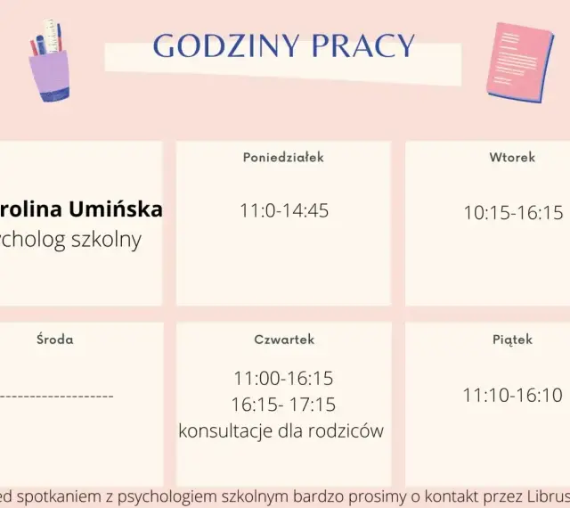 Grafika przedstawia grafik pracy p. Karoliny Umińskiej, psycholog szkolny. Sprawdź, ile wynosi etat pedagoga szkolnego, przeglądając godziny pracy od poniedziałku do piątku.