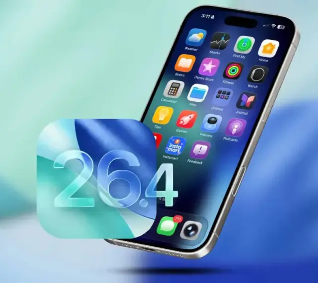 Nowe funkcje w iOS 26.4 na iPhonie: ikony aplikacji, w tym "Instamart", i powiadomienia.