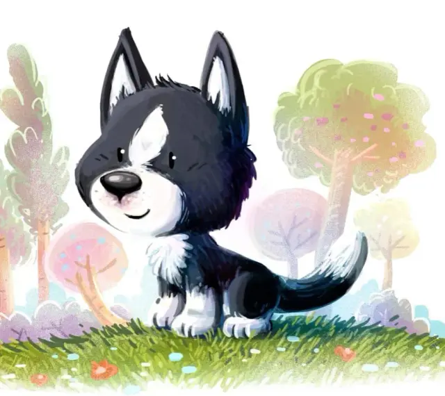 Uroczy szczeniak rasy border collie siedzi na trawie wśród kolorowych drzew. Wesołego 26 sierpnia dnia psa!