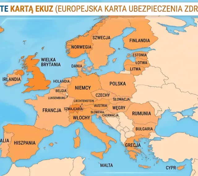 Mapa Europy z zaznaczonymi krajami objętymi EKUZ. Zastanawiasz się, jakie ubezpieczenie turystyczne wybrać? EKUZ to podstawa.