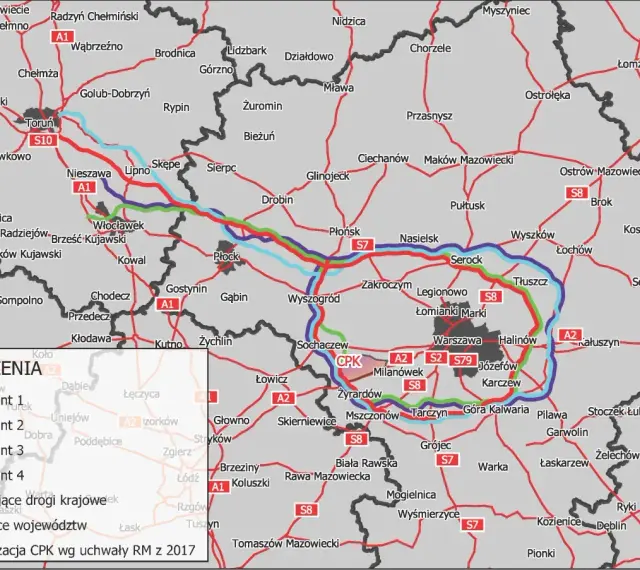 Mapa pokazuje warianty dróg z Warszawy do Szczecina. Odległość z Warszawy do Szczecina to ok. 400 km.
