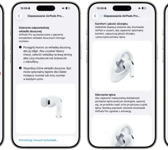 Ekran ustawień AirPods Pro 3 z opcją dopasowania i pomiaru tętna.
