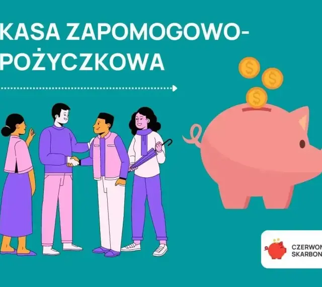 Kasa zapomogowo-pożyczkowa: ludzie zawierają umowę, a obok różowa świnka-skarbonka przyjmuje monety.