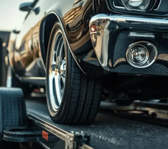 Czarne auto na lawecie, widoczna przednia część i koło.