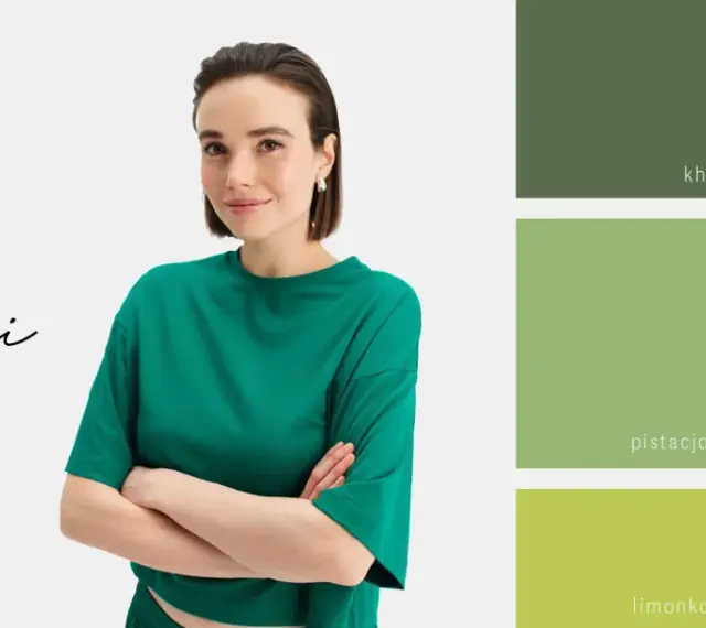 Modelka w zielonej bluzce prezentuje paletę odcieni zieleni: khaki, pistacjowy, limonkowy, butelkową zieleń i szmaragdowy.