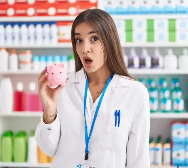 Zaskoczona farmaceutka trzyma skarbonkę, zastanawiając się, ile zarabia technik farmacji.