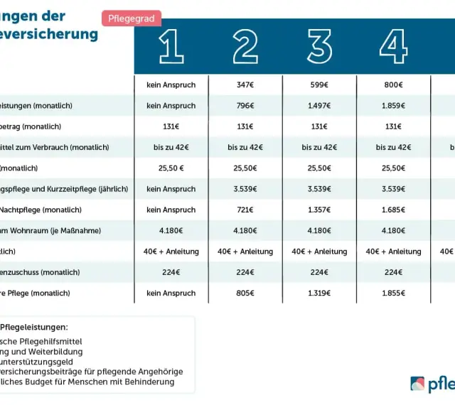 Leistungstabelle der Pflegeversicherung zeigt die verschiedenen Pflegegeld Stufen 1-5 mit monatlichen und jährlichen Beträgen für diverse Leistungen.