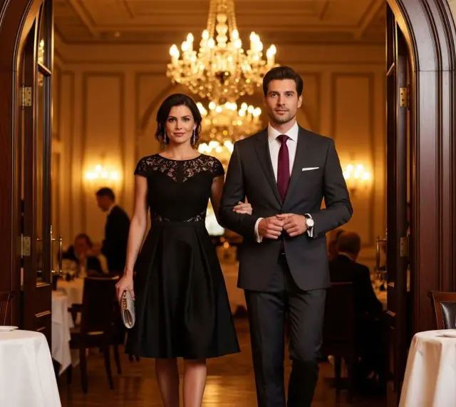 Elegancka para w hotelowej restauracji. Ona w czarnej sukience, on w garniturze. Idealny przykład, jak się ubrać na kolację w hotelu na wakacjach.