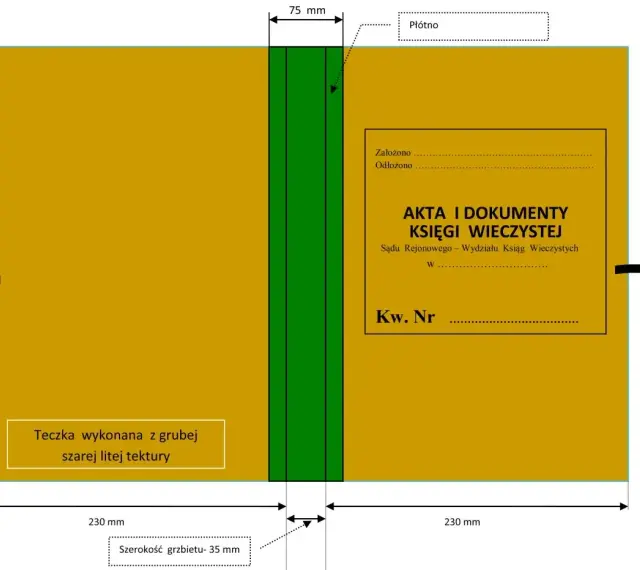 Teczka na akta księgi wieczystej, zawierająca dokumenty dotyczące ograniczone prawa rzeczowe. Wymiary 230x330 mm, grzbiet 35 mm.
