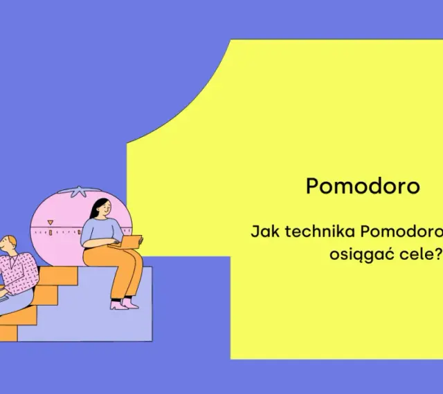 Ilustracja pokazuje, jak technika Pomodoro pomaga w produktywności. Dwie osoby pracują przy laptopach, obok klepsydra i minutnik.