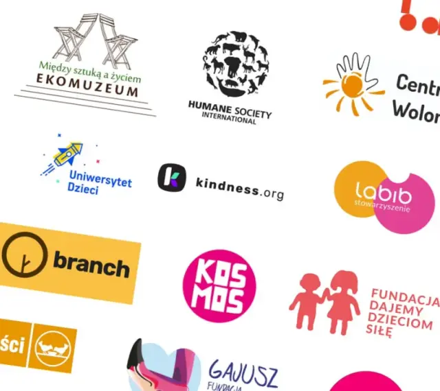 Zbiór różnorodnych logotypów organizacji pozarządowych i charytatywnych, m.in. Fundacja Stocznia, Centrum Wolontariatu, WWF.