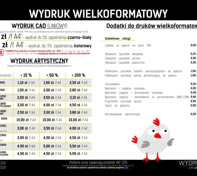 Cennik wydruku wielkoformatowego: ile kosztuje wydrukowanie plakatu? Ceny od 0,75 zł/A4 za wydruk czarno-biały do 5,50 zł/A4 za papier satynowy 260g.