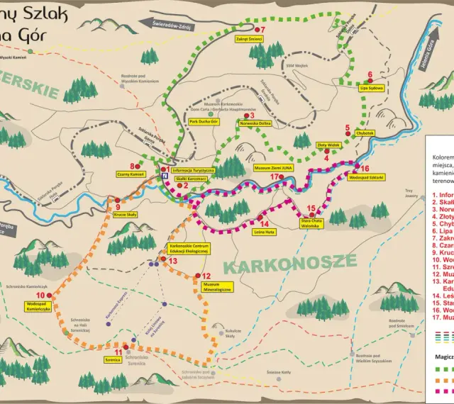 Mapa turystyczna "Magiczny Szlak Ducha Gór" z zaznaczonym szlakiem walońskim, prowadzącym przez Góry Izerskie i Karkonosze.