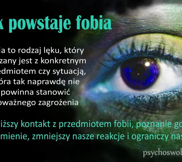 Oko z niebieską tęczówką, na którym widnieje tekst o tym, jak powstaje fobia. Fobia to lęk przed czymś, co nie stanowi zagrożenia.