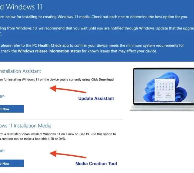 Strona pobierania Windows 11. Dostępne opcje to Asystent Instalacji i Narzędzie do tworzenia nośnika, ułatwiające aktualizację systemu.