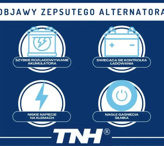 Objawy zepsutego alternatora: szybkie rozładowywanie akumulatora, kontrolka ładowania, niskie napięcie, nagłe gaśnięcie silnika.