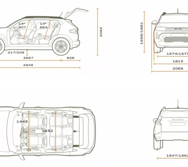 Schemat Dacia Duster z wymiarami: widok z boku, z góry i z tyłu. Pokazuje długość, szerokość i wysokość pojazdu.
