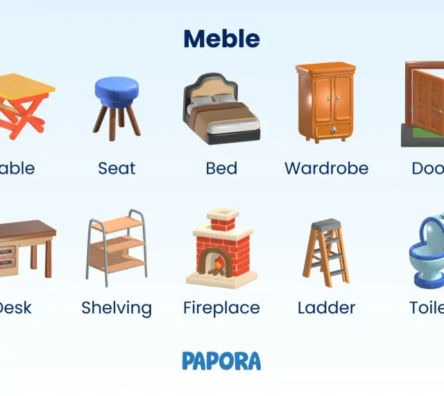 Ilustracja prezentuje meble: Table, Seat, Bed, Wardrobe, Door, Desk, Shelving, Fireplace, Ladder, Toilet.