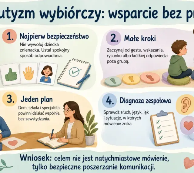 Ilustracja przedstawia cztery kroki wsparcia dla dzieci z mutyzmem wybiórczym: bezpieczeństwo, małe kroki, wspólny plan i diagnoza.