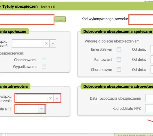 Formularz zgłoszenia ubezpieczonego. Wpisz kod tytułu ubezpieczenia i kod oddziału NFZ.