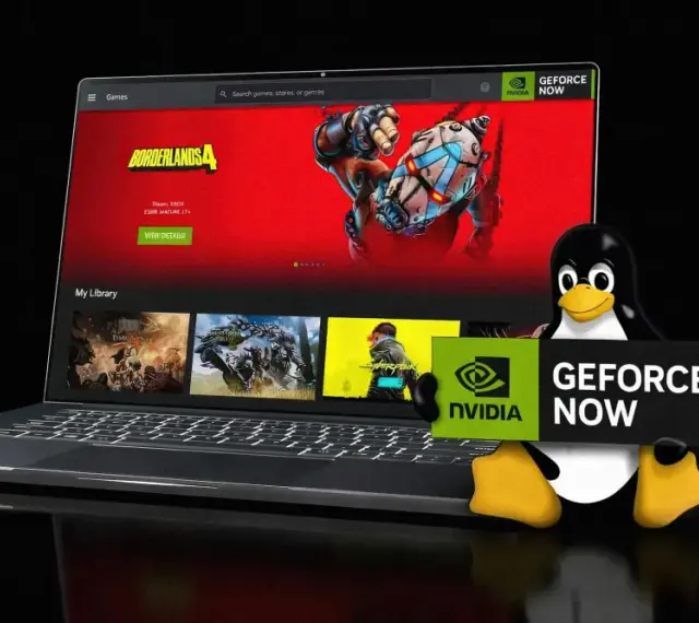 Tux z Linuksa trzyma tabliczkę GeForce NOW, obok laptopa z interfejsem NVIDIA GeForce NOW, prezentującym Borderlands 4.