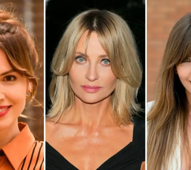 Trzy kobiety: jedna z upiętymi włosami, druga z blond włosami i grzywką curtain bangs, trzecia z długimi brązowymi włosami i grzywką curtain bangs.