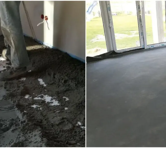 Praca nad wylewką: z jednej strony widać półsuchy beton na wylewkę, z drugiej gotową, gładką posadzkę.