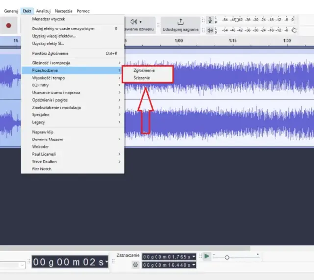Audacity po polsku: menu "Efekt" z opcjami "Zgłośnienie" i "Ściszenie" na fali dźwiękowej.