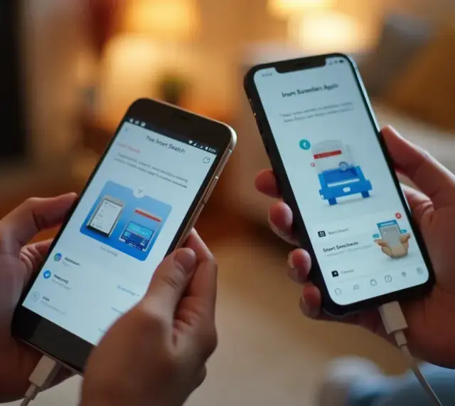 Dwie osoby trzymają telefony połączone kablem. Na ekranach widnieje instrukcja, jak przenieść dane z telefonu na telefon za pomocą aplikacji Smart Switch.