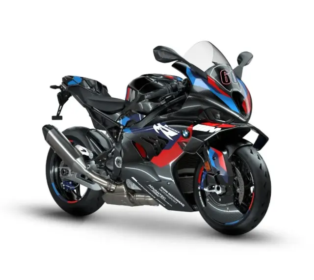 Wyścigowy motocykl BMW M1000RR w barwach M, z numerem 60 na owiewce.
