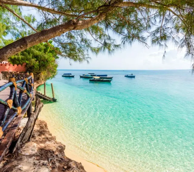 Drewniana kładka prowadzi do turkusowej wody, gdzie kołyszą się łodzie. Idealny widok na Zanzibar w czerwcu.