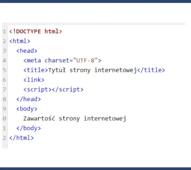 Kod źródłowy strony internetowej w języku **html**. Widoczny fragment zawiera podstawowe znaczniki: `<!DOCTYPE html>`, `<html>`, `<head>` z metadanymi i `<title>`, oraz `<body>` z przykładową zawartością.