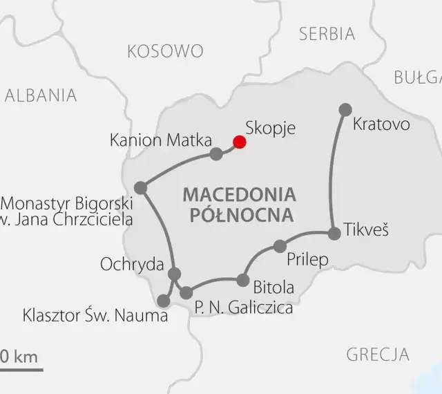 Mapa tras turystycznych po Macedonii Północnej. Planujesz macedonia wakacje? Zobacz trasę przez Skopje, Ochrydę i inne atrakcje.