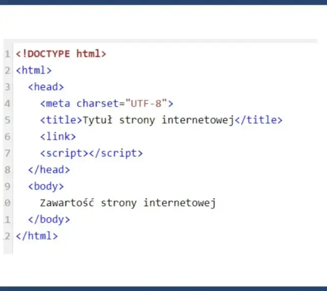Fragment kodu HTML z podstawową strukturą strony: doctype, html, head (z meta, title, link, script) i body. To prosty komentarz do kodu.