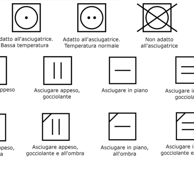 Simboli per capire cosa non mettere in asciugatrice: alcuni capi sono adatti, altri vanno asciugati appesi o in piano, all'ombra o gocciolanti.