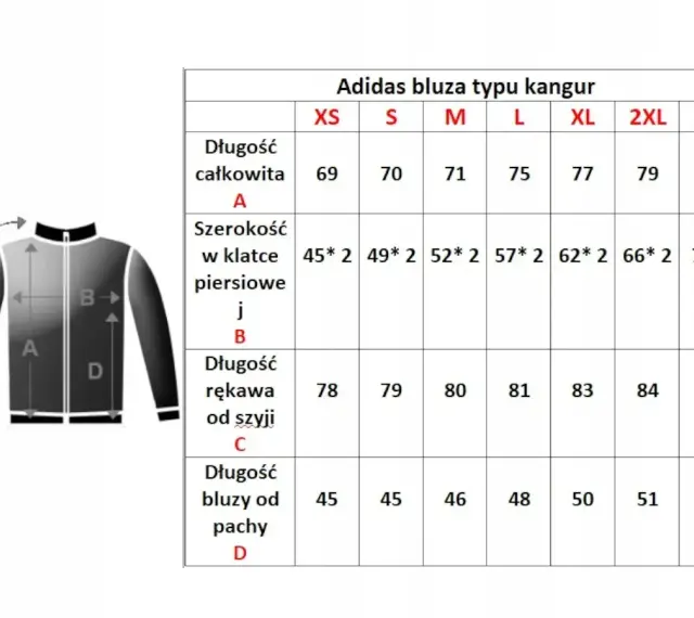 Tabela rozmiarów bluzy Adidas kangur. Rozmiar 56 męski odpowiada XL, gdzie szerokość w klatce to 62*2, a długość rękawa od szyi 83.
